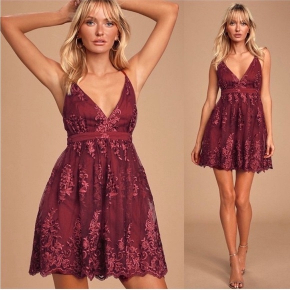 Lulus Dresses & Skirts - NWT Lulus A Love To Remember Wine Red Lace Backless Skater Dress Sz M